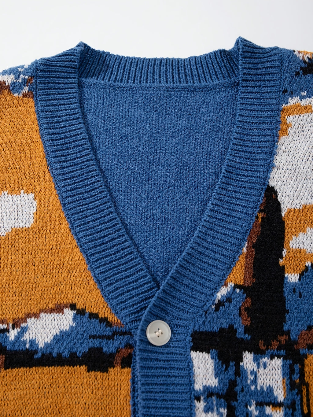 Cardigan casual de malha larga com decote em V | Estampado de girassóis e casinhas, estilo pintura a óleo, detalhes de botões, manga comprida, coleção outono/inverno da ANDREILEE