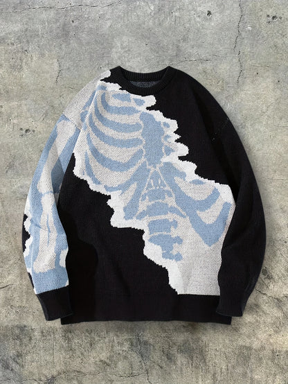 Nouveau pull unisexe décontracté style printemps-automne-hiver, idéal pour les trajets quotidiens, tendance et amusant, en maille jacquard à motif tête de mort, sans manches et col rond.
