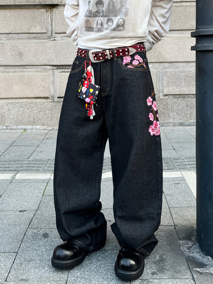 Jean ample en denim brodé de fleurs de prunier, style vintage américain | Mode urbaine, unisexe, noir, tissu non extensible, longueur standard, poches, toutes saisons