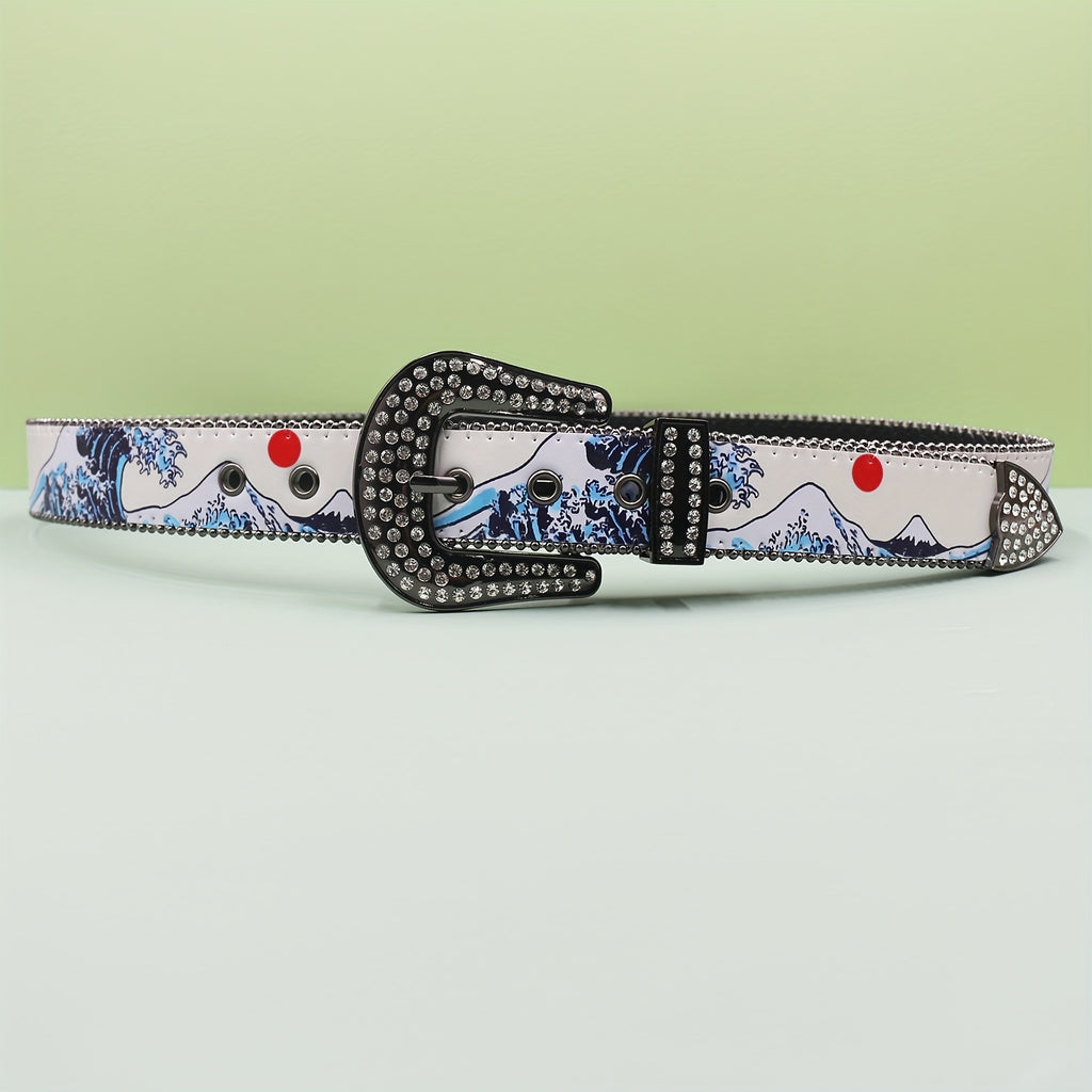 Ceinture blanche strass style années 2000 avec motif paysage de montagne - Boucle en alliage style western, empiècement en similicuir, accessoire de mode unisexe pour jeans et tenues décontractées | Ceinture tendance années 2000 | Ornement strass