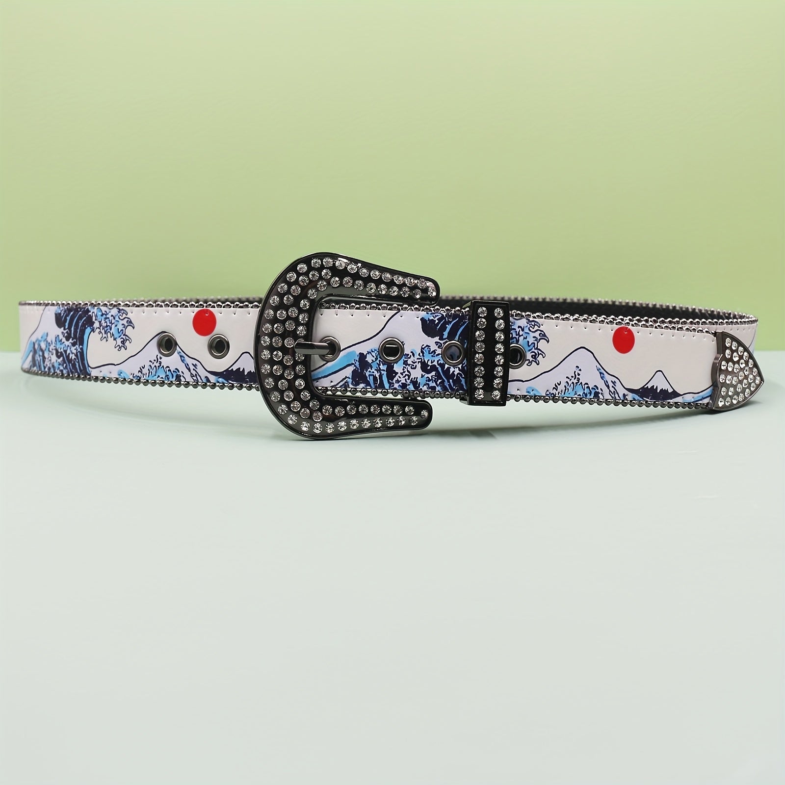 Cinto Y2K Y2Kinspired Branco com Strass e Design de Paisagem Montanhosa - Fivela de Liga de Estilo Ocidental, Painel de Imitação de Couro, Acessório de Moda Unissexo para Jeans e Roupa, Cinto de Uso Casual|Cinto de Moda Y2K|Adorno de Strass