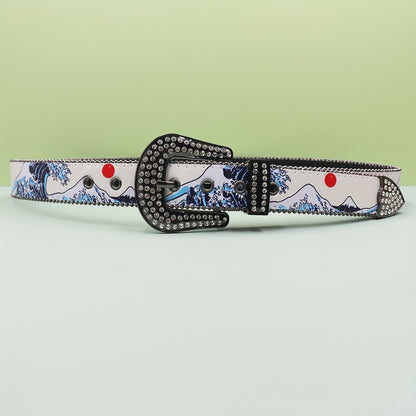 Ceinture blanche strass style années 2000 avec motif paysage de montagne - Boucle en alliage style western, empiècement en similicuir, accessoire de mode unisexe pour jeans et tenues décontractées | Ceinture tendance années 2000 | Ornement strass
