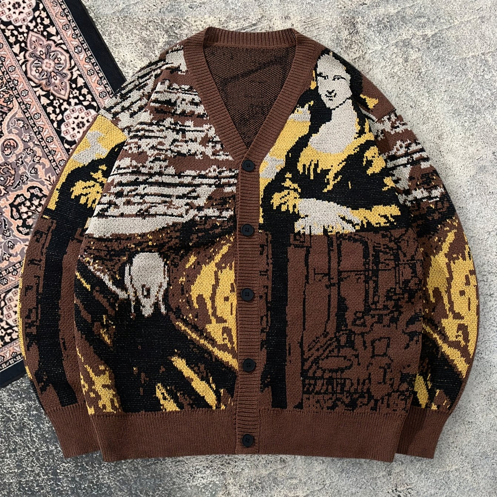 Cardigan masculino casual de malha larga com estampado vintage da Mona Lisa | Decote em V, manga comprida, outono/inverno, ANDREILEE