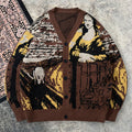 Cardigan masculino casual de malha larga com estampado vintage da Mona Lisa | Decote em V, manga comprida, outono/inverno, ANDREILEE