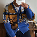 Cardigan casual de malha larga com decote em V | Estampado de girassóis e casinhas, estilo pintura a óleo, detalhes de botões, manga comprida, coleção outono/inverno da ANDREILEE