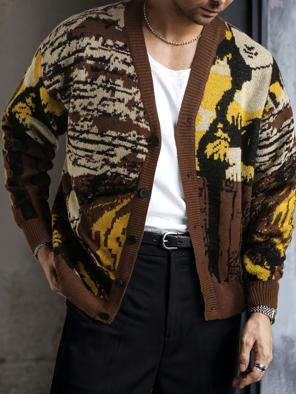 Cardigan masculino casual de malha larga com estampado vintage da Mona Lisa | Decote em V, manga comprida, outono/inverno, ANDREILEE