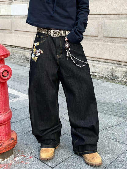Jean ample en denim brodé doré style vintage américain, résistant et durable | Style streetwear hip-hop, tissu non extensible, longueur standard, toutes saisons, poches, ceinture non incluse