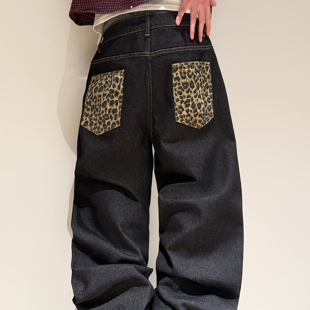 Calça de ganga larga com padrão leopardo estilo retro americano, corte largo e bainha dobrada, modelo streetwear preto para homem (cinto e acessórios não incluídos).