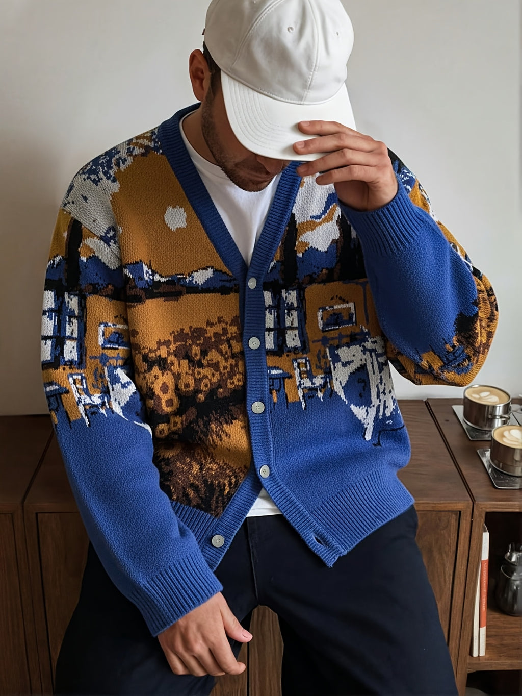 Cardigan casual de malha larga com decote em V | Estampado de girassóis e casinhas, estilo pintura a óleo, detalhes de botões, manga comprida, coleção outono/inverno da ANDREILEE