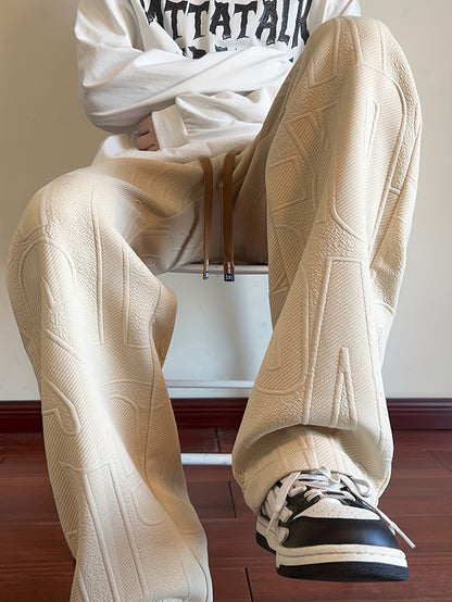 Calças de corte direito para homem para o outono, em tecido jacquard, com cós elástico e cordão, ideais para uso casual ao ar livre na primavera e no outono.