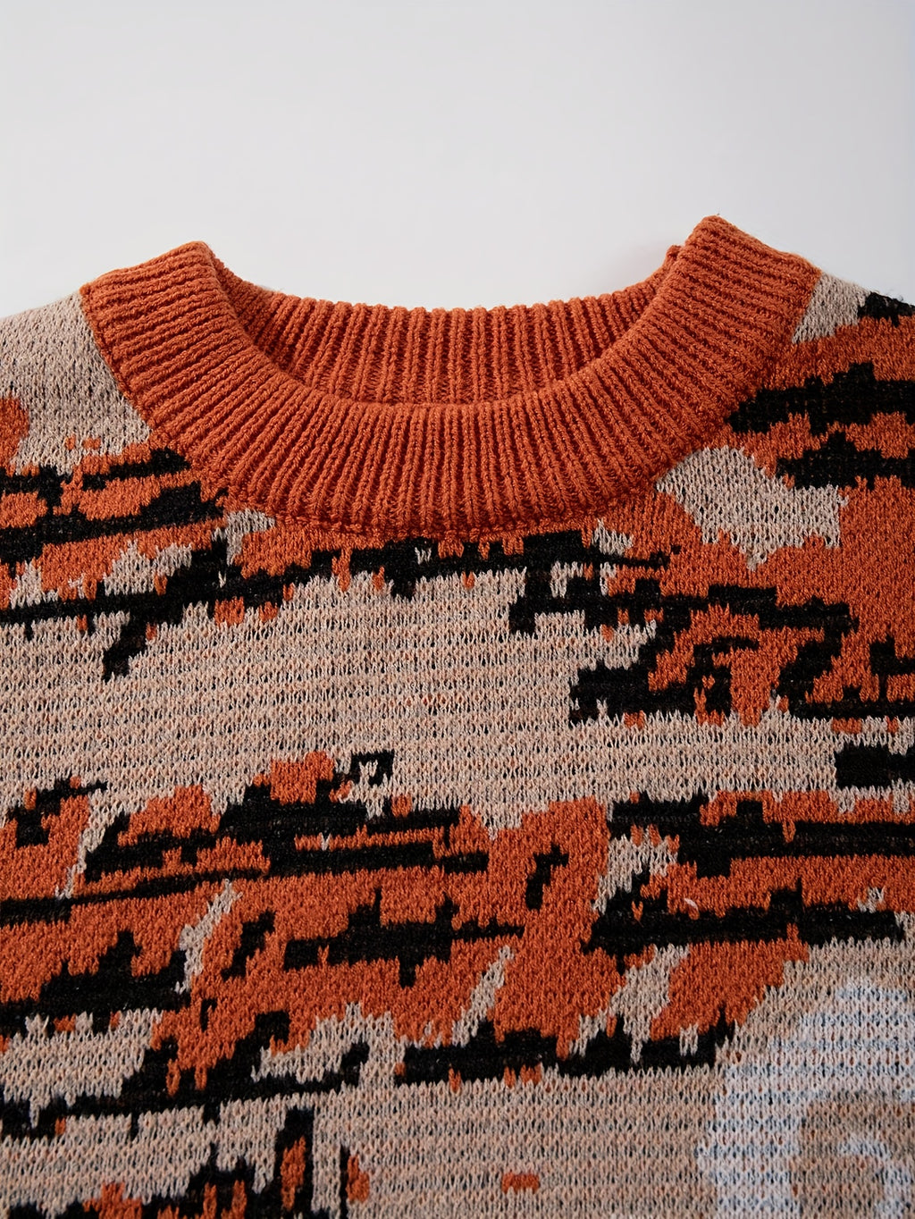 Pull unisexe à manches longues et coupe ample - Motif géométrique orange vif, vert, col rond, poignets côtelés, idéal pour le printemps et l'automne, polyvalent pour une tenue décontractée.