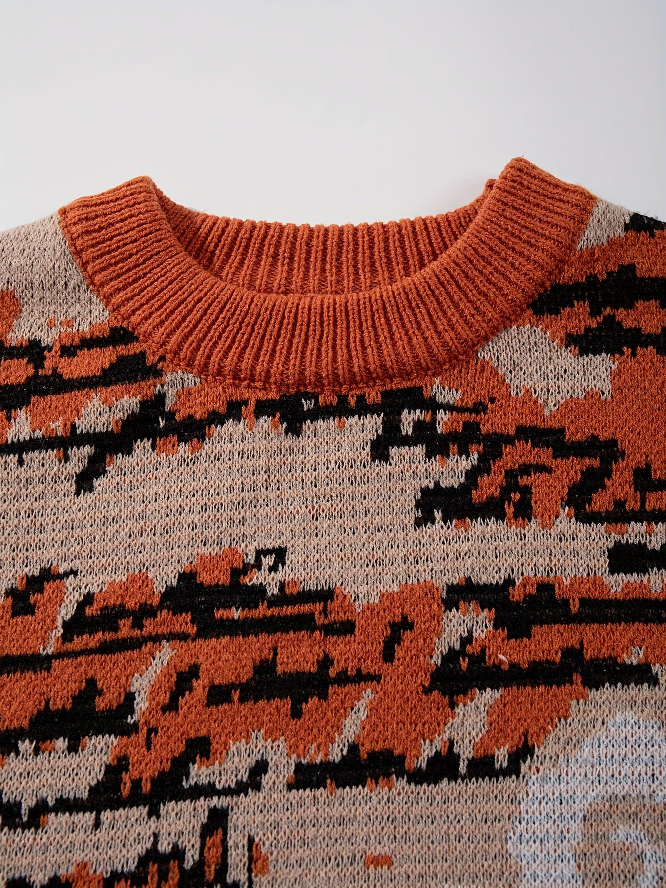 Pull unisexe à manches longues et coupe ample - Motif géométrique orange vif, vert, col rond, poignets côtelés, idéal pour le printemps et l'automne, polyvalent pour une tenue décontractée.