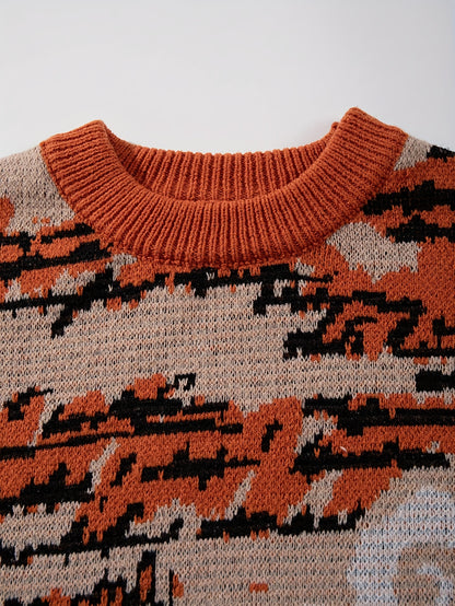 Pull unisexe à manches longues et coupe ample - Motif géométrique orange vif, vert, col rond, poignets côtelés, idéal pour le printemps et l'automne, polyvalent pour une tenue décontractée.