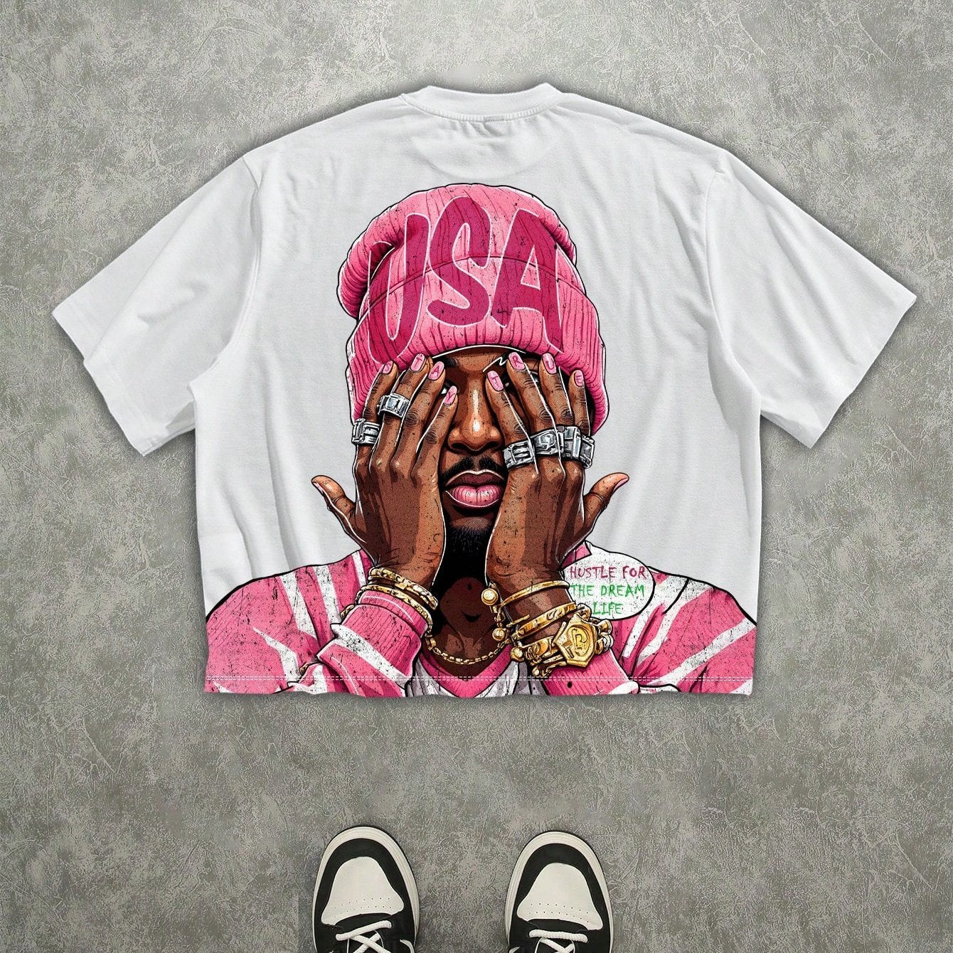 T-shirt de homem casual de manga curta branca, t-shirt de homem com estampado digital 3D, t-shirt streetwear estilo hip hop com estampado de rapper, t-shirt de homem de manga curta, t-shirt de homem casual de gola redonda e manga curta.