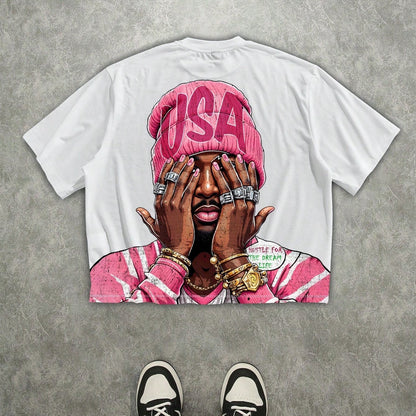 T-shirt blanc à manches courtes pour homme, imprimé numérique 3D, style streetwear hip-hop, t-shirt graphique rappeur, t-shirt à manches courtes pour homme, t-shirt décontracté à col rond et manches courtes pour homme