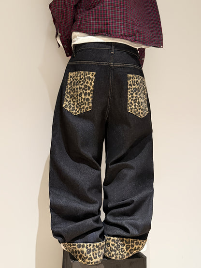 Pantalon en jean ample à revers imprimé léopard style rétro américain, pantalon streetwear noir tendance à jambes larges pour homme (ceinture et accessoires non inclus)