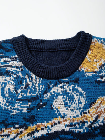 Nouveau pull décontracté pour homme, idéal pour l'automne et l'hiver. Coupe ample, orné d'un motif inspiré de Van Gogh représentant un tournesol et un ciel étoilé, avec des manches longues en maille vintage et un col rond.