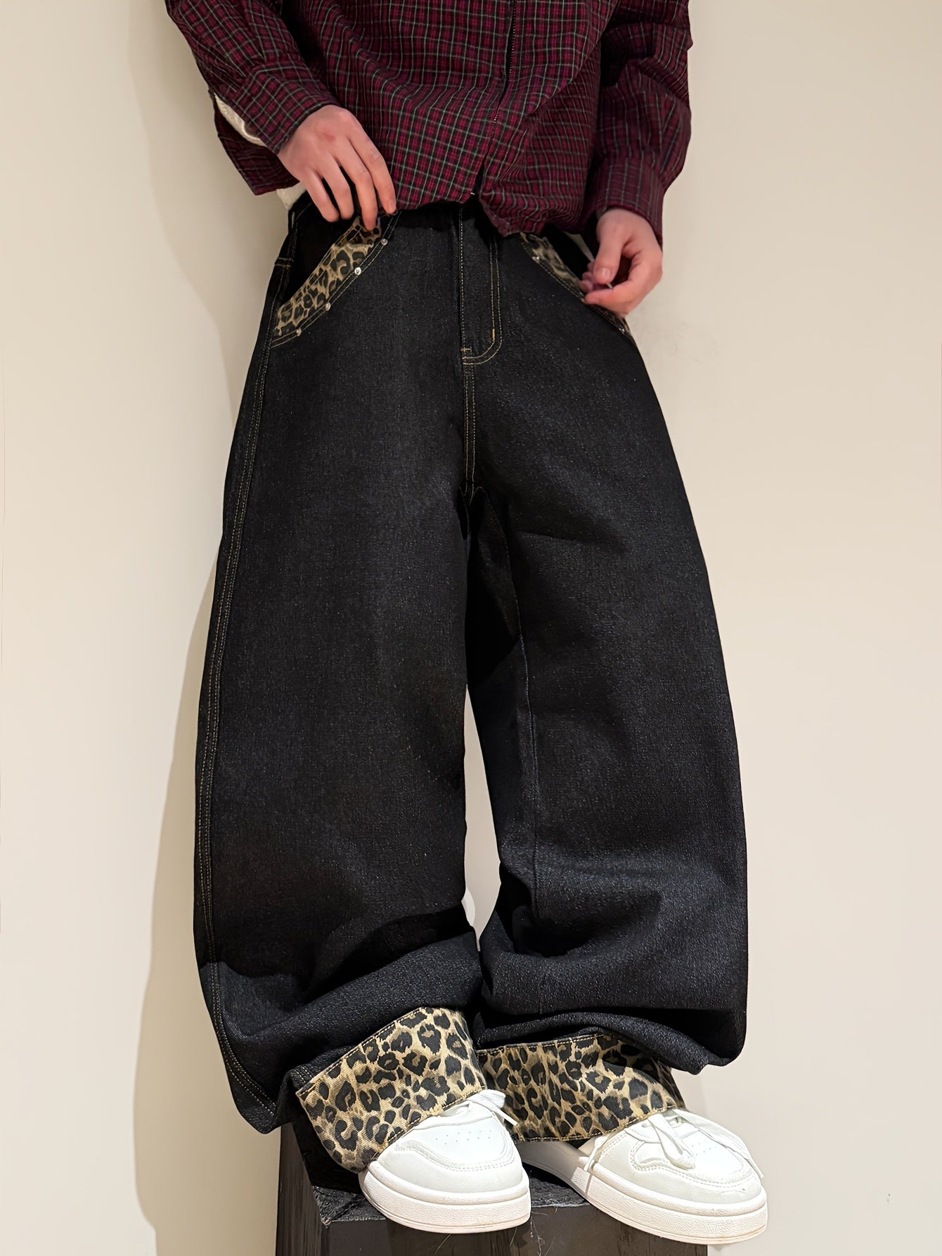 Dark Leopard Cuffed Denim