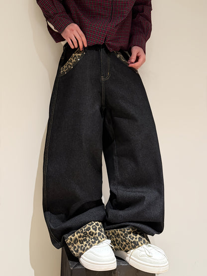 Pantalon en jean ample à revers imprimé léopard style rétro américain, pantalon streetwear noir tendance à jambes larges pour homme (ceinture et accessoires non inclus)