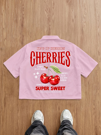 Chemise d'été décontractée à manches courtes pour homme avec motif de cerises et lettres au dos