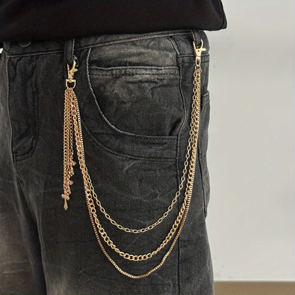 Chaîne de pantalon avec pendentif croix à trois rangs, style décontracté et minimaliste, arborant un design rétro tendance, idéal pour les soirées de tous les jours, ce qui en fait un cadeau polyvalent pour homme.