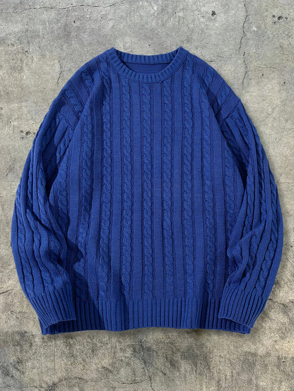 Pull unisexe automne/hiver style streetwear, en maille torsadée avec cordon de serrage, coupe ample et décontractée, col rond, épaules tombantes et manches longues.