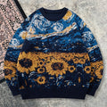 Nouveau pull décontracté pour homme, idéal pour l'automne et l'hiver. Coupe ample, orné d'un motif inspiré de Van Gogh représentant un tournesol et un ciel étoilé, avec des manches longues en maille vintage et un col rond.