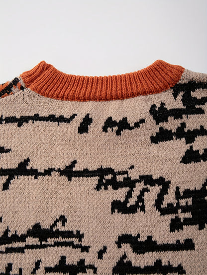 Pull unisexe à manches longues et coupe ample - Motif géométrique orange vif, vert, col rond, poignets côtelés, idéal pour le printemps et l'automne, polyvalent pour une tenue décontractée.