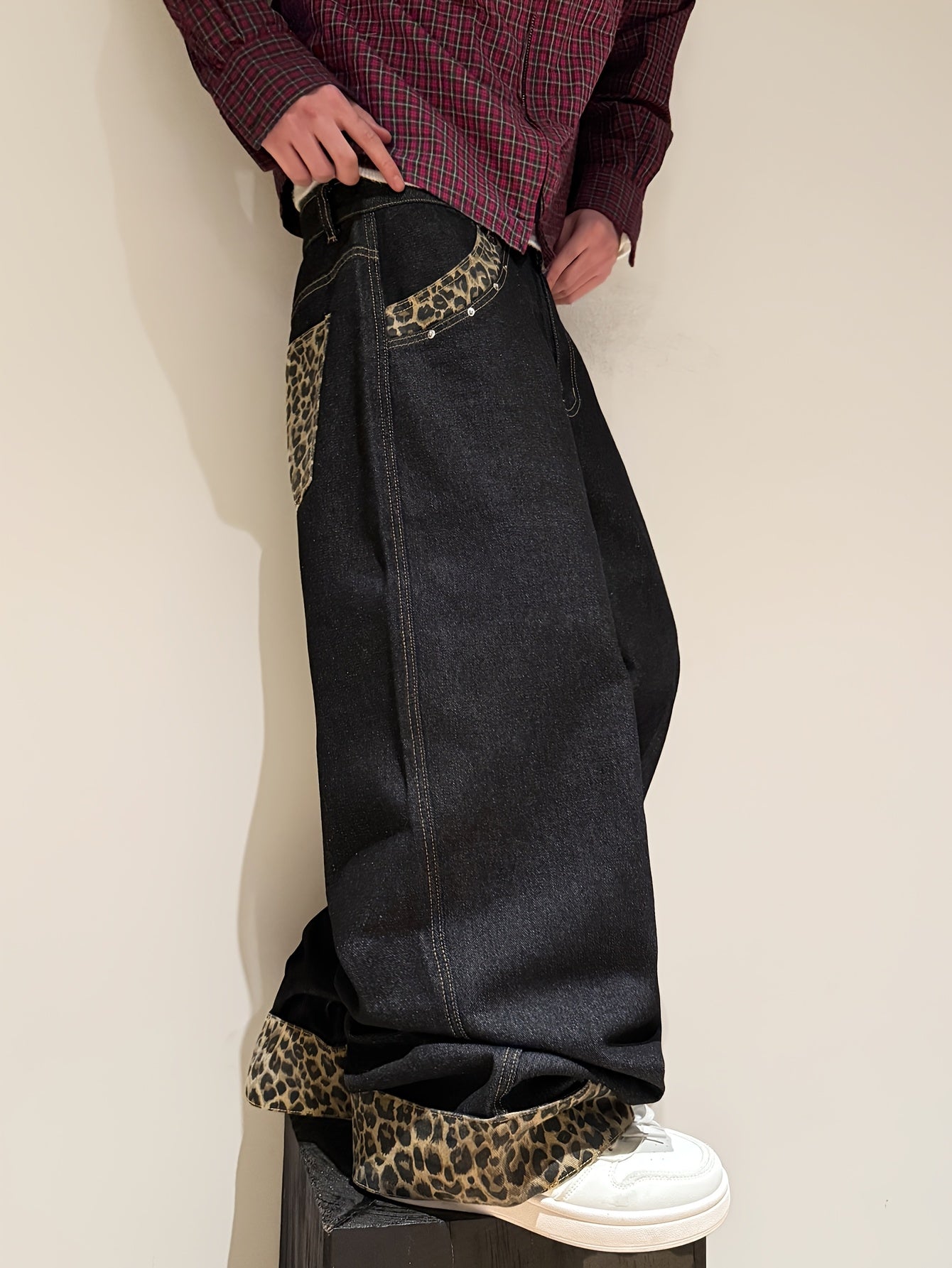 Dark Leopard Cuffed Denim