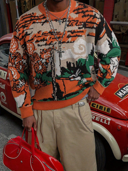 Pull unisexe à manches longues et coupe ample - Motif géométrique orange vif, vert, col rond, poignets côtelés, idéal pour le printemps et l'automne, polyvalent pour une tenue décontractée.