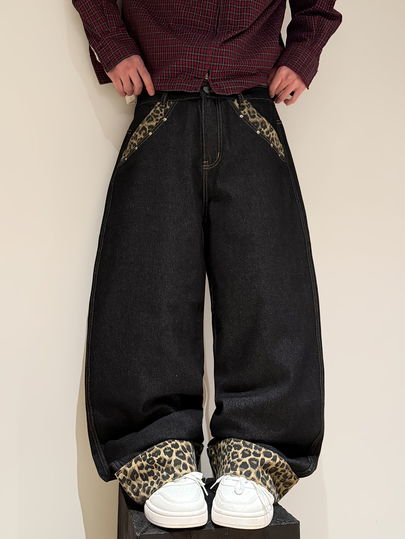 Dark Leopard Cuffed Denim