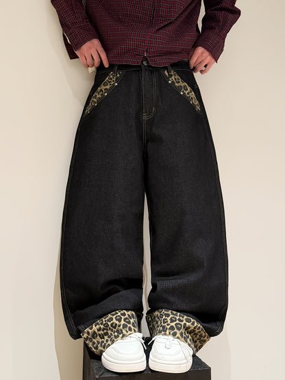 Pantalon en jean ample à revers imprimé léopard style rétro américain, pantalon streetwear noir tendance à jambes larges pour homme (ceinture et accessoires non inclus)