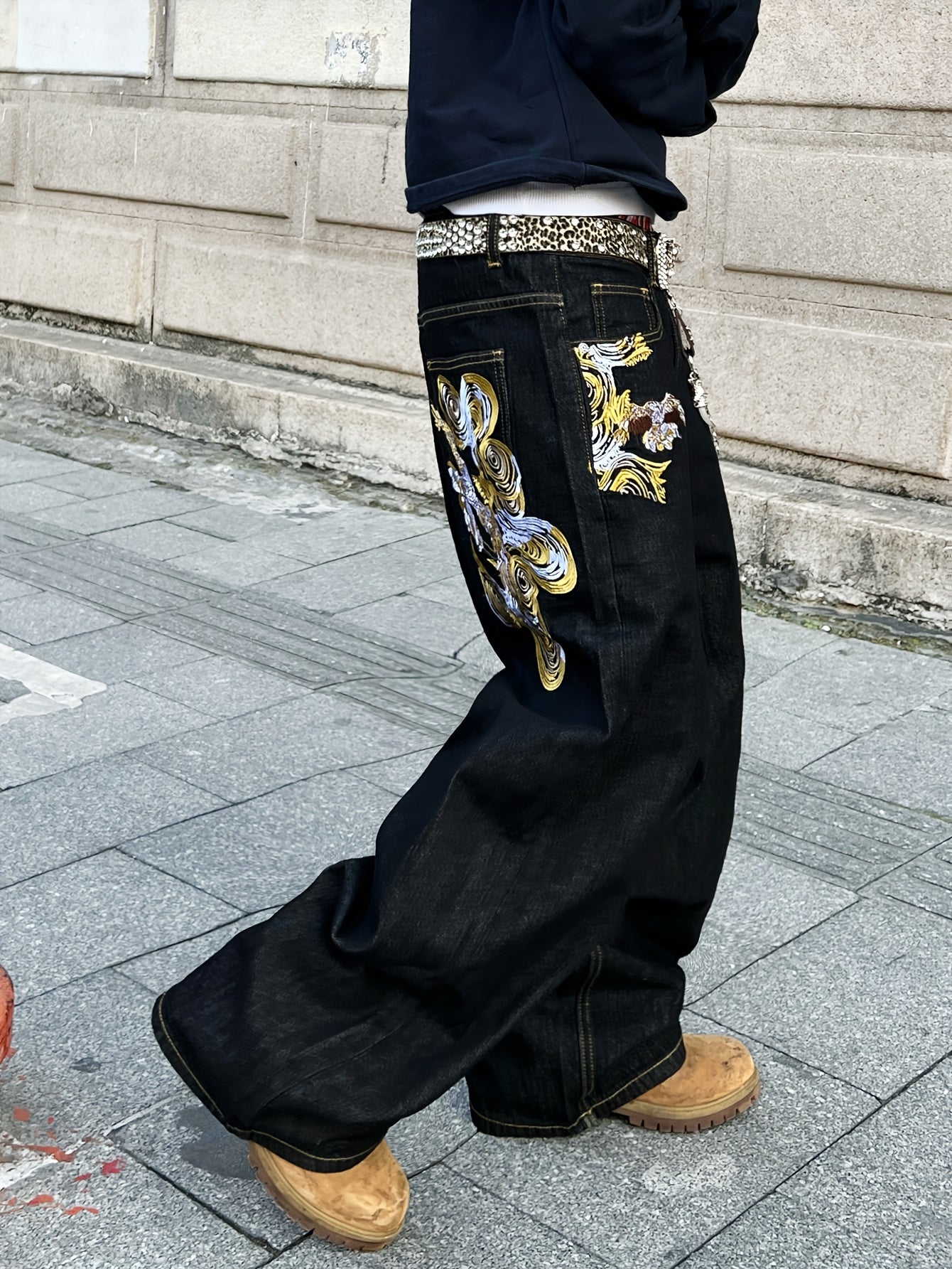 Jean ample en denim brodé doré style vintage américain, résistant et durable | Style streetwear hip-hop, tissu non extensible, longueur standard, toutes saisons, poches, ceinture non incluse