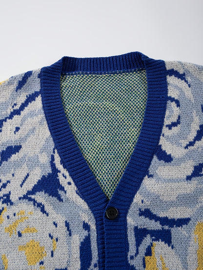 Nouveau pull unisexe décontracté pour hommes et femmes, idéal pour les trajets quotidiens, orné d'un motif abstrait inspiré des peintures à l'huile de Van Gogh, avec un design de cardigan à manches longues en maille.