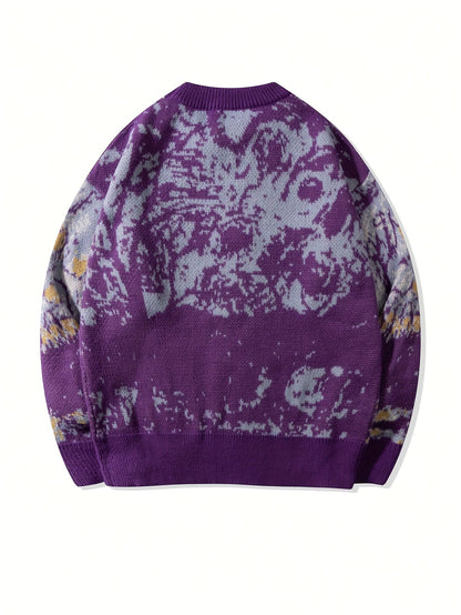 Camisola casual de homem de manga comprida, de corte largo e moderno, com estampado abstrato de ramos irregulares, na cor roxa. Ideal para a primavera/outono/inverno. Blusa de malha versátil, unissexo, com gola redonda.
