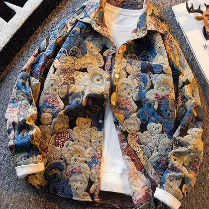 Casaco-Camisa de Urso de Homem Vintage Americano, Camisa Casual de Luxo da Moda para Outono