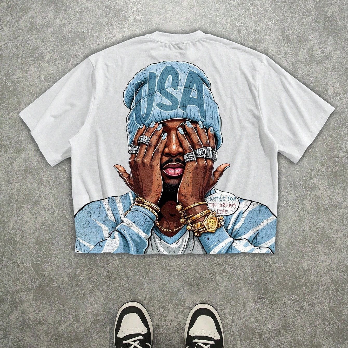 T-shirt de homem casual de manga curta branca, t-shirt de homem com estampado digital 3D, t-shirt streetwear estilo hip hop com estampado de rapper, t-shirt de homem de manga curta, t-shirt de homem casual de gola redonda e manga curta.