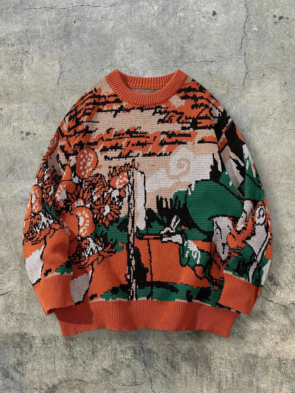 Pull unisexe à manches longues et coupe ample - Motif géométrique orange vif, vert, col rond, poignets côtelés, idéal pour le printemps et l'automne, polyvalent pour une tenue décontractée.
