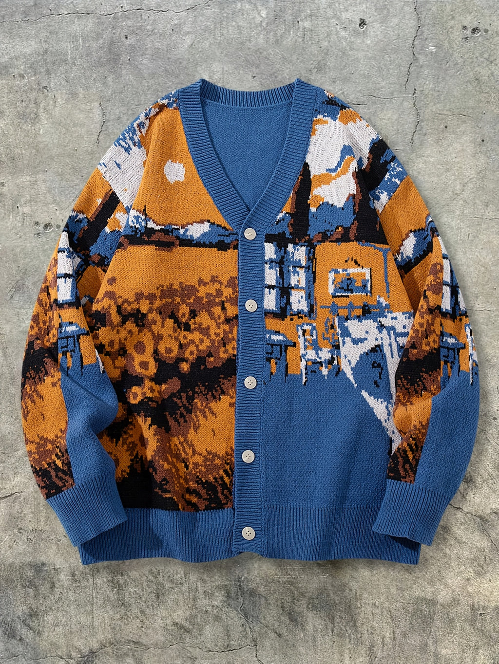 Cardigan casual de malha larga com decote em V | Estampado de girassóis e casinhas, estilo pintura a óleo, detalhes de botões, manga comprida, coleção outono/inverno da ANDREILEE