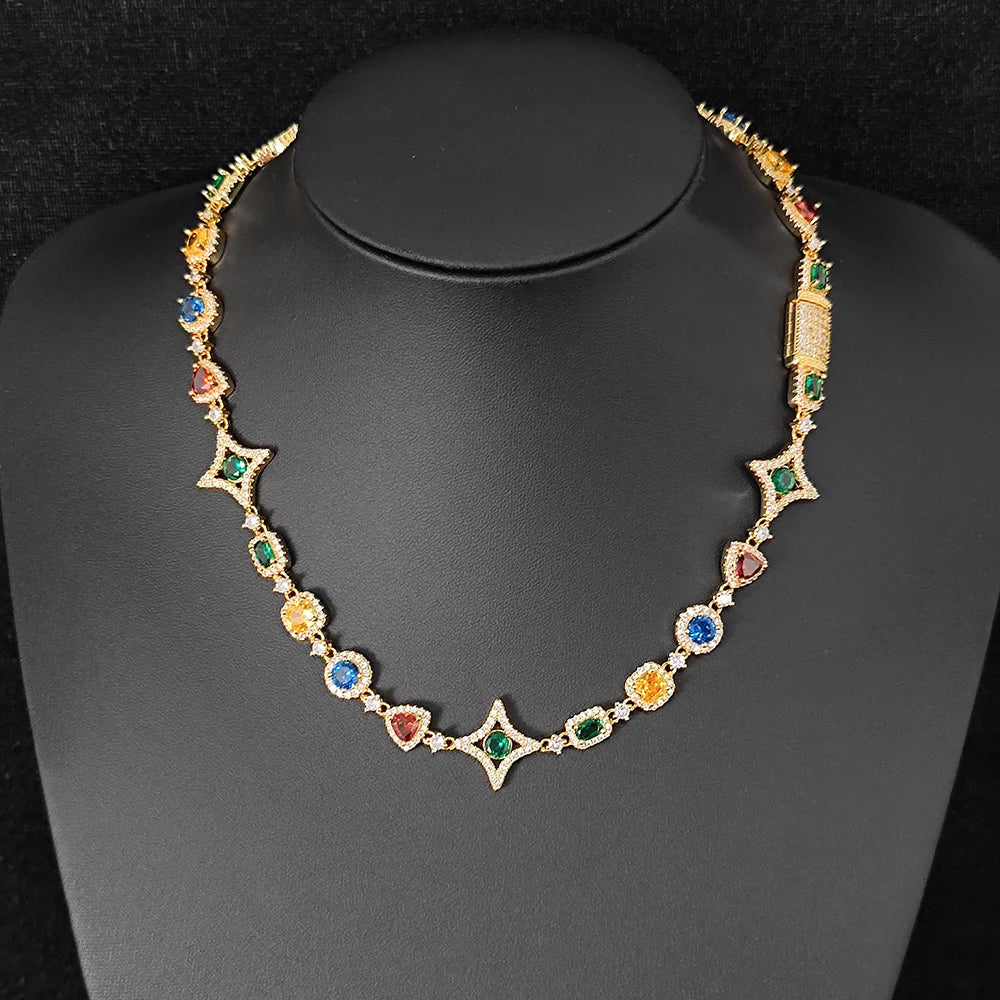 NUOYA Nouveauté Chaîne en pierres précieuses colorées pour femme, plaquée or 18 carats, motif géométrique en zircon coloré, style hip-hop