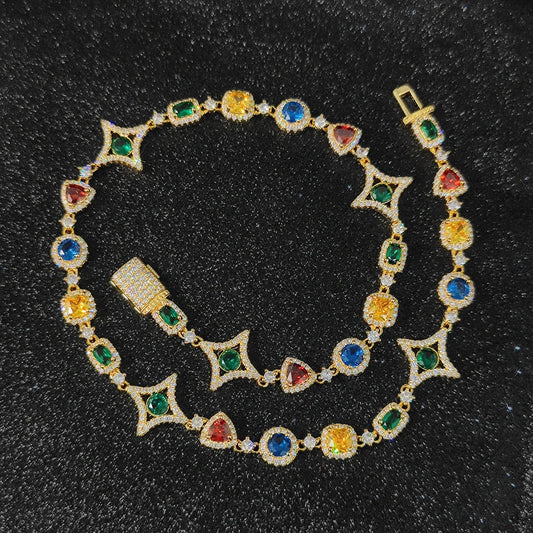 NUOYA Nouveauté Chaîne en pierres précieuses colorées pour femme, plaquée or 18 carats, motif géométrique en zircon coloré, style hip-hop