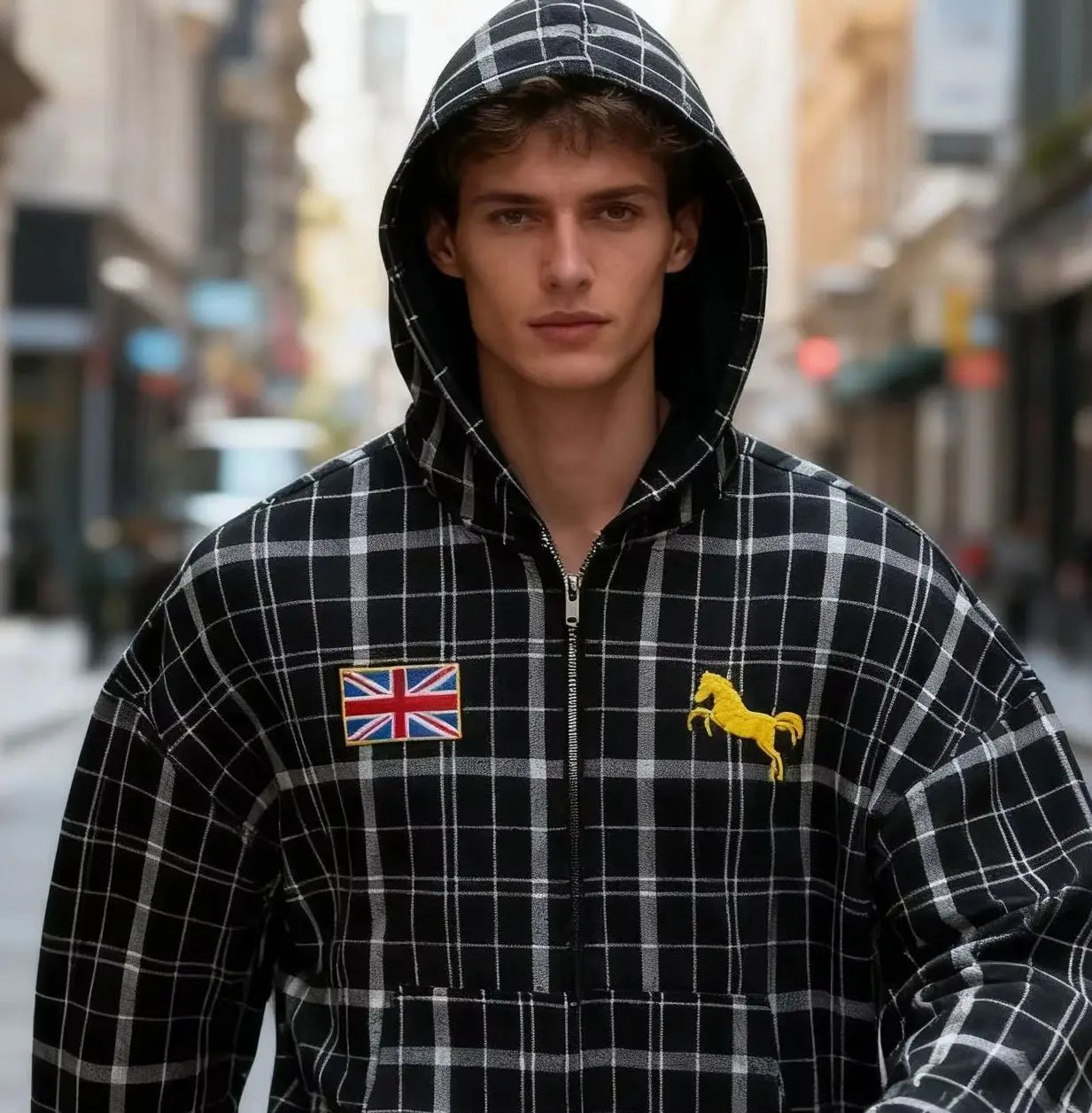 Casaco desportivo com capuz às riscas, estilo streetwear Y2K, outono/inverno 2025, com bordado da bandeira nacional e corte largo.