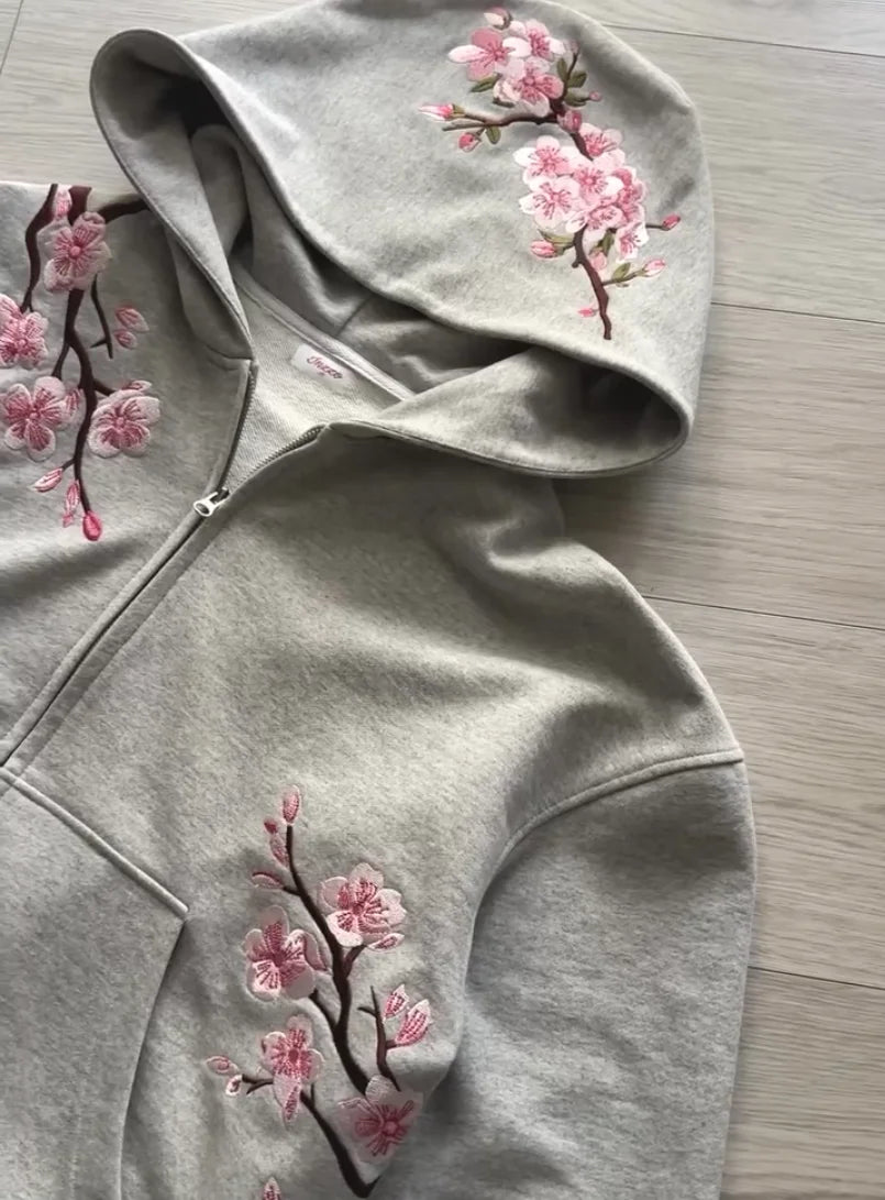Sweatshirt com Capuz Oversized Vintage Y2K com Bordado de Flor de Cerejeira