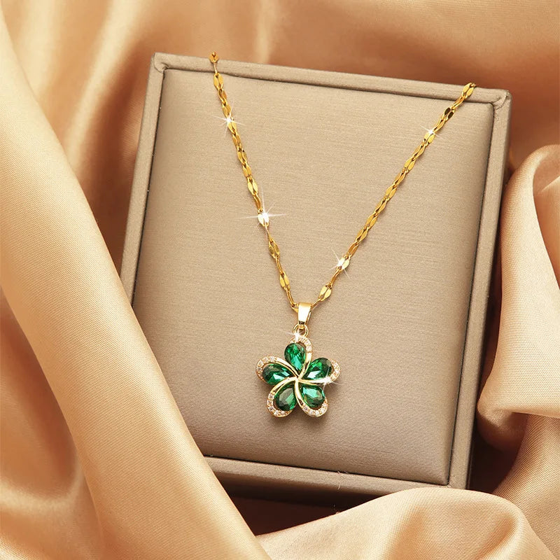 Colar de Aço Inoxidável com Pingente de Flores de Zircónio Verde para Mulheres Novo Luxo Meninas Corrente da Sorte Presentes de Aniversário Joias