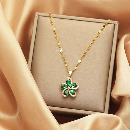 Collier pendentif fleurs en zircon vert en acier inoxydable pour femmes, nouvelle chaîne de luxe pour filles, cadeaux d'anniversaire bijoux