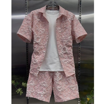 Conjunto casual de verão para homem 2026, com camisa de manga curta e calções com lapela em jacquard em relevo. Leve e elegante.