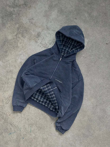 Hoodie zippé réversible à carreaux style rétro américain, mode masculine, nouveau sweat décontracté Harajuku Y2K délavé épais, femme