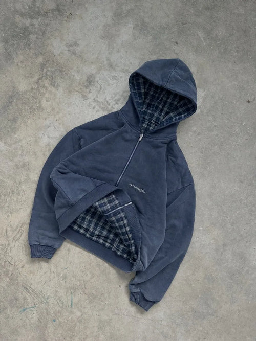 American Street Retro Reversible Plaid Fashion Zipper Hoodie Men New Harajuku Y2K Heavy Wash Casual Street Sweatshirts Women