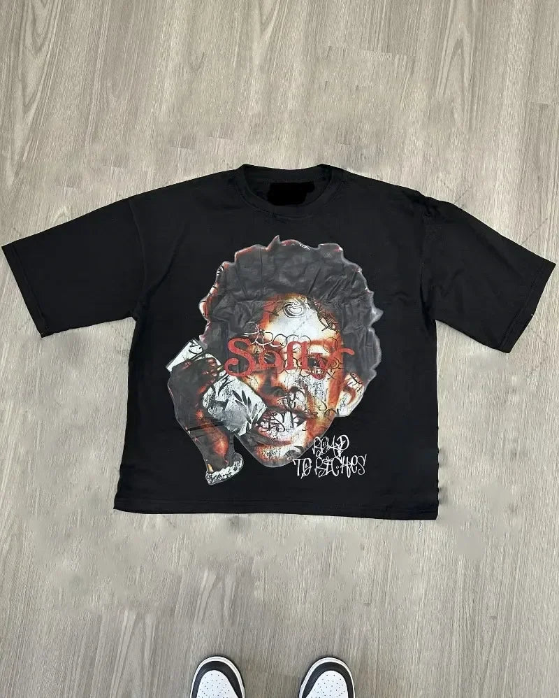 T-shirt de Algodão Solta de Moda Masculina Hip-hop de Rua com Gráficos T-shirts de Streetwear Harajuku Unissexo, Desenho Animado Americano Chique
