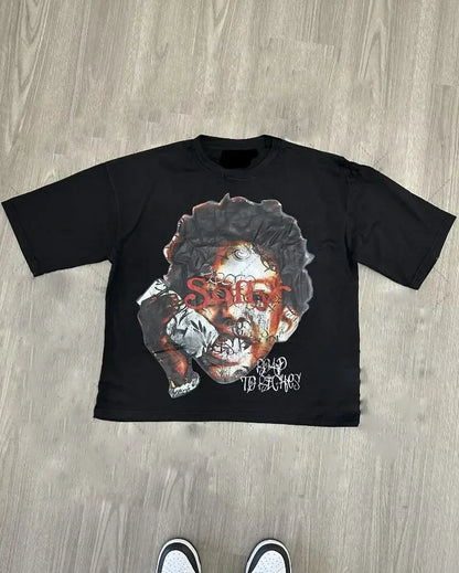 T-shirt ample unisexe en coton style hip-hop streetwear Harajuku avec motif de dessin animé américain chic